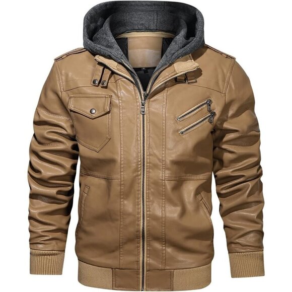 Hood Crew Other - 🆕 Hood Crew PU Faux Leather Zipper Jacket Men Brown Stand Collar Bomber Hood